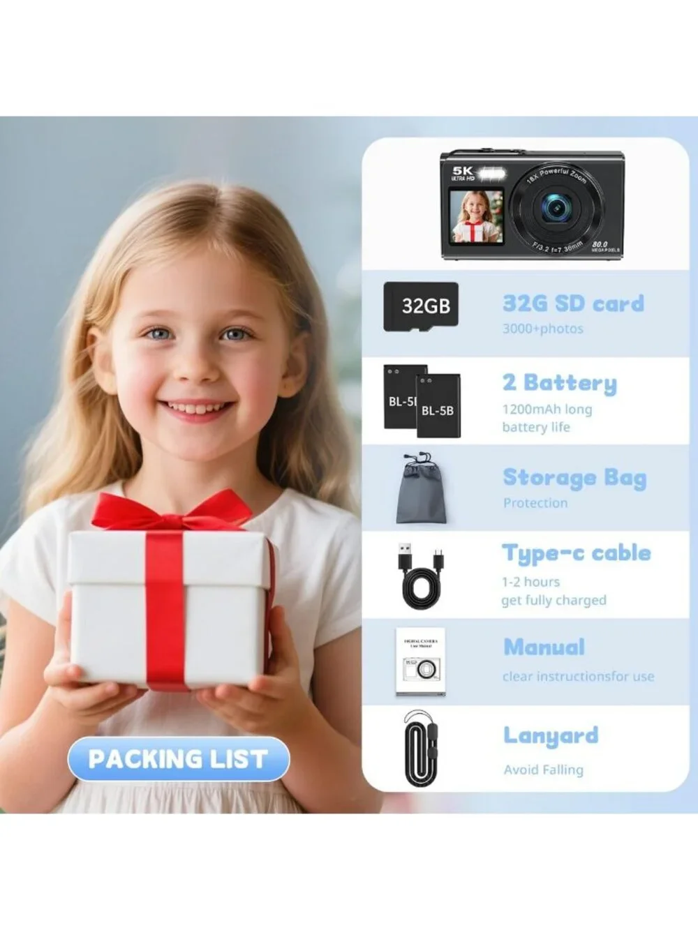 High-Resolution 5K Digital Camera for Vlogging & Photography, 80MP, Dual Screen